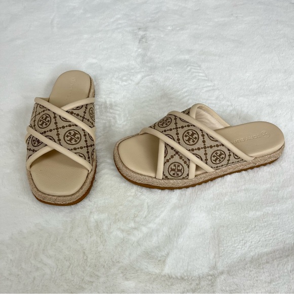 NWOT TORY BURCH T MONOGRAM CRISSCROSS ESPADRILLE SLIDES SIZE 8.5 - Picture 12 of 16